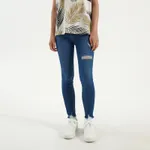 Jeansy skinny fit z wysokim stanem i przetarciami niebieskie - Granatowy