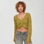 Ażurowy sweter ze ściągaczem khaki - Zielony