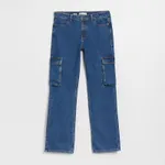 Granatowe jeansy straight fit z kieszeniami cargo - Niebieski