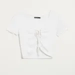 Bawełniana bluzka z wiązaniem przy dekolcie biała - Biały
