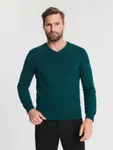 Bawełniany sweter o regularnym kroju z dekoltem w serek. - zielony