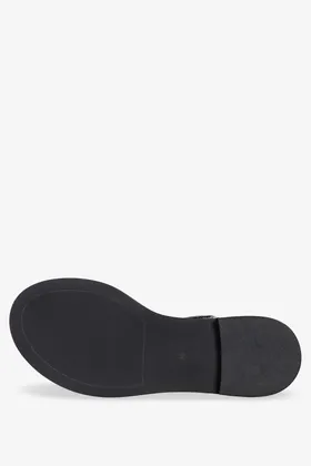 Czarne sandały skórzane damskie płaskie z fuksjowym metalicznym liściem produkt polski casu 933