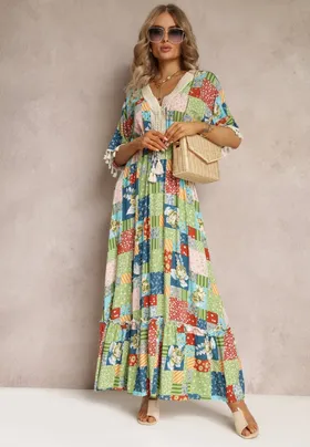 Zielona Rozkloszowana Sukienka Maxi z Falbanką w Patchworkowy Wzór Fiorella