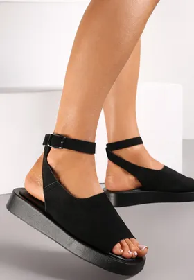 Czarne Sandały z Kwadratowym Noskiem na Platformie Kalila