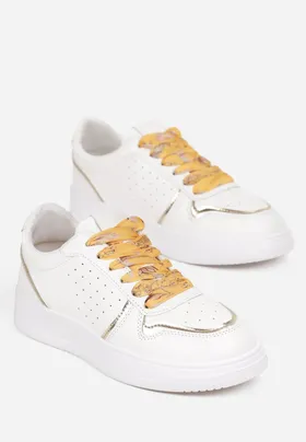 Biało-Złote Sneakersy z Błyszczącymi Wstawkami i Dekoracyjnym Sznurowaniem Horustia