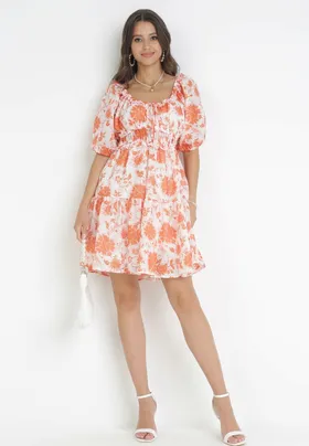Pomarańczowa Sukienka Mini Hiszpanka z Gumką w Pasie w Kwiaty Nodovica
