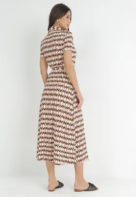 Beżowo-Bordowa Koszulowa Sukienka Maxi z Materiałowym Paskiem Rainora