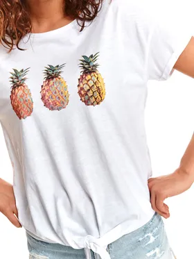 T-shirt damski z nadrukiem w ananasy i wiązaniem w pasie