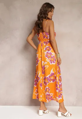 Pomarańczowa Satynowa Sukienka Maxi w Kwiaty ze Zdobieniem przy Dekolcie Benna