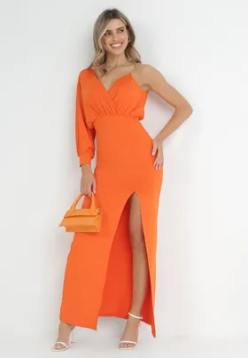 Pomarańczowa Asymetryczna Sukienka Maxi na Jedno Ramię z Łańcuszkiem Przy Ramieniu Kesilli