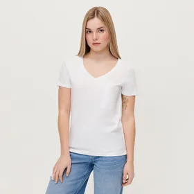 Gładka koszulka z dekoltem w serek Basic biała - Biały