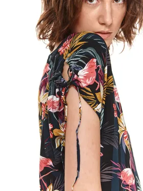 Bluzka damska z wiązaniem na rękawach w kolorowe kwiaty