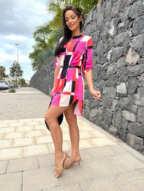 Różowo-Koralowa Sukienka/Tunika z Paskiem 7704-330-B