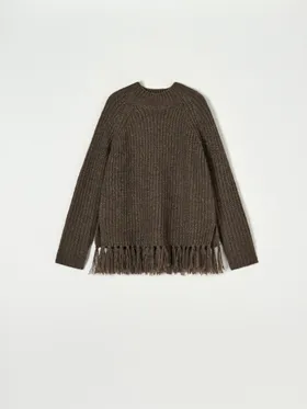 Wygodny sweter wykonany z prążkowanej dzianiny, ozdobiony frędzlami. - brązowy