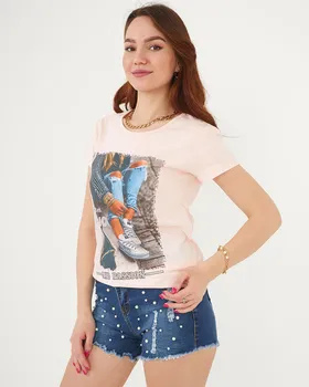 Różowy t-shirt damski z printem- Odzież - Jasnoróżowy || Różowy