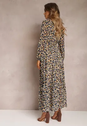 Granatowo-Beżowa Sukienka z Kopertowym Dekoltem w Cętki Irdra