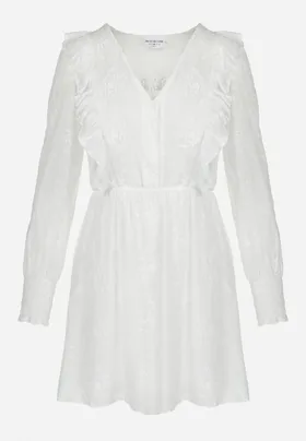 Biała Sukienka z Haftowanej Tkaniny z Gumką w Pasie Micromi