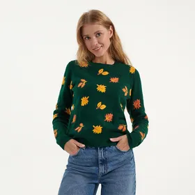 Dzianinowy sweter z motywami liści zielony - Wielobarwny