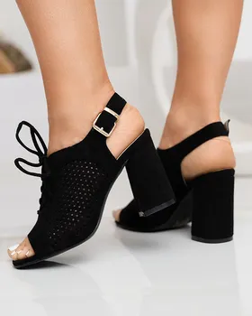 Ażurowe sandały damskie na słupku w kolorze czarnym Sasqan- Obuwie - Czarny