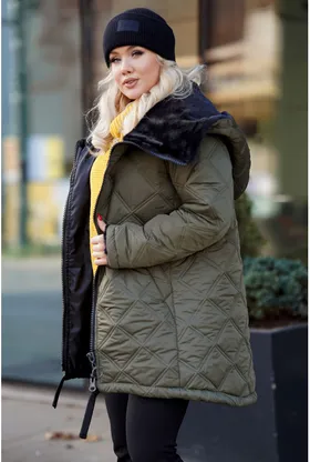 Oliwkowa ciepła pikowana kurtka z misiem - Polin
