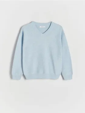 Sweter o klasycznym fasonie, wykonany ze strukturalnej dzianiny z bawełną. - jasnoniebieski