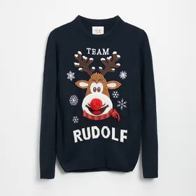Świąteczny sweter z reniferem Team Rudolf - Granatowy