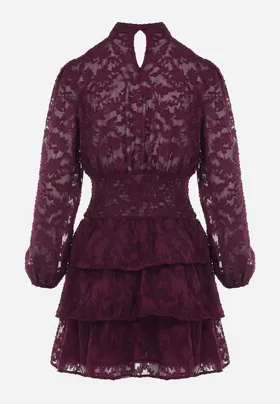 Fioletowa Taliowana Sukienka Mini Koronkowa z Falbankami Ciluna