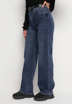 Niebieskie Szerokie Jeansy z Paskiem w Komplecie Miameka