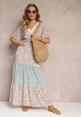 Fioletowo-Niebieska Kopertowa Sukienka Maxi z Marszczoną Gumką w Pasie i Koronkową Taśmą Marea