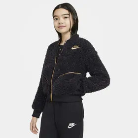 Kurtka z dzianiny typu baranek z zamkiem na całej długości dla dużych dzieci (dziewcząt) Nike Sportswear - Czerń