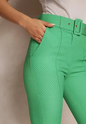 Zielone Materiałowe Spodnie z Wysokim Stanem i Paskiem Pylisa