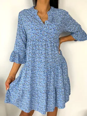 Niebieska Sukienka w Kwiatki  Oversize 7886-98-A