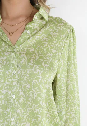 Zielona Koszula w Drobne Kwiatki z Bufiastymi Rękawami Serafine
