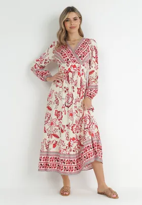 Czerwono-Beżowa Rozkloszowana Sukienka Maxi z Gumkami w Talii i Falbanką Apolla