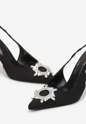 Czarne Sandały na Szpilce z Kryształkową Klamerką Perseda