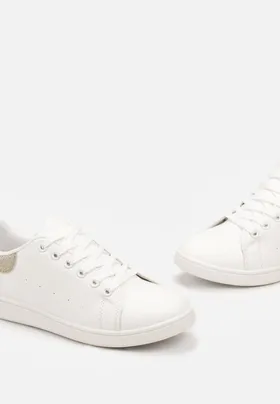 Biało-Złote Sznurowane Sneakersy z Ekoskóry na Płaskiej Podeszwie Ozdobione Brokatem Filirea