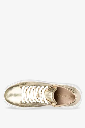 Złote sneakersy skórzane damskie buty sportowe sznurowane na białej platformie produkt polski casu 2275