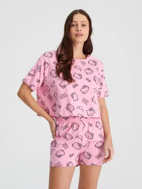 Bawełniana piżama dwuczęściowa z ozdobnym nadrukiem w Hello Kitty. - różowy