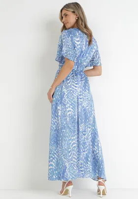 Niebieska Kopertowa Sukienka Maxi z Gumką w Talii i Elastycznym Paskiem Lahelli