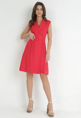 Czerwona Kopertowa Sukienka Mini z Wiskozy z Paskiem Ziceza