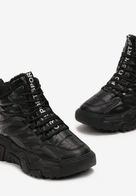 Czarne Sznurowane Sneakersy na Grubej Podeszwie z Metaliczną Wstawką Mahires
