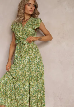Zielona Rozkloszowana Sukienka z Gumką w Talii i Falbanką Samat