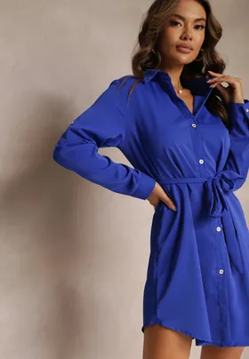 Ciemnoniebieska Koszulowa Sukienka Mini z Wiązanym Paskiem Andreola