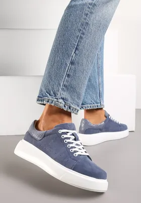 Niebieskie Sneakersy ze Skóry Naturalnej z Ozdobnym Zapiętkiem Emicca