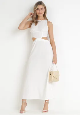 Biała Trapezowa Sukienka Maxi z Wycięciami Amandika