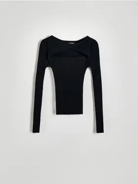Sweter o dopasowanym fasonie, wykonany z prążkowanej dzianiny z wiskozą. - czarny