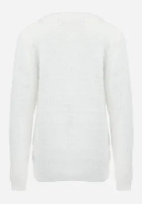Biały Puchaty Sweter z Długim Rękawem Obirta