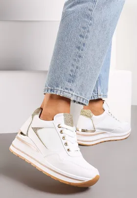 Białe Sneakersy na Niskiej Platformie ze Wstawkami Brokatowymi Gwenoa