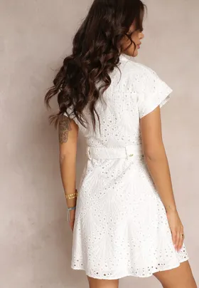 Biała Haftowana Sukienka Koszulowa z Paskiem Phenanea