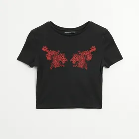 Krótka koszulka z nadrukiem Dragon - Czarny